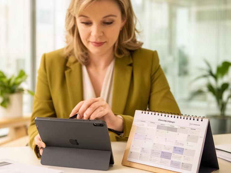 Letting agent reviewing a property enquiry on a tablet beside a viewing calendar in a bright agency office