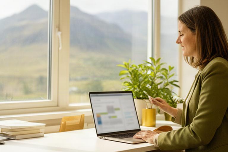 Recruitment manager reviewing a candidate pipeline beside a laptop in a bright Highland office