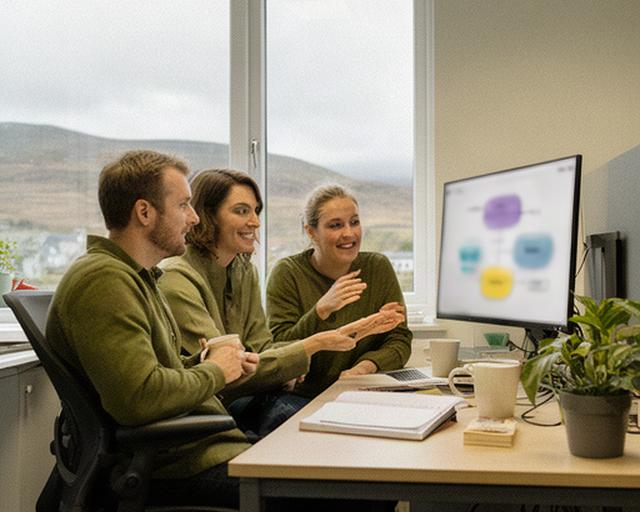 Wick Highland office workspace with an operations team reviewing an automation workflow beside a window